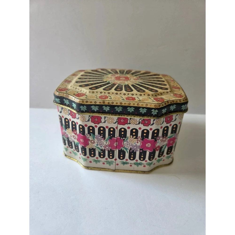 Vintage Meister Brazil Octagonal Floral Candy Tin Decorative Metal Box 12oz